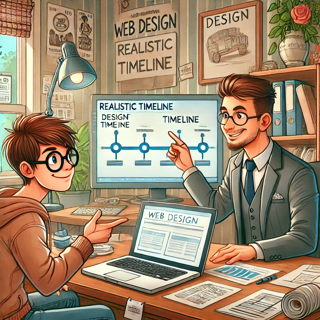 DALL·E 2024 08 02 13.47.56 A cartoon style illustration depicting a meeting between a web designer and a client discussing realistic timelines for a web design project. The sce Setting Realistic Expectations: A Guide to Timelines in Web Design