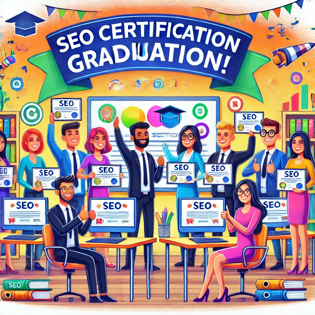 DALL·E 2024 08 02 17.13.19 A vibrant cartoon style illustration of a diverse group of professionals celebrating their completion of top SEO certification programs. The scene is Top SEO Certification Programs: Boosting Skills and Careers in Digital Marketing