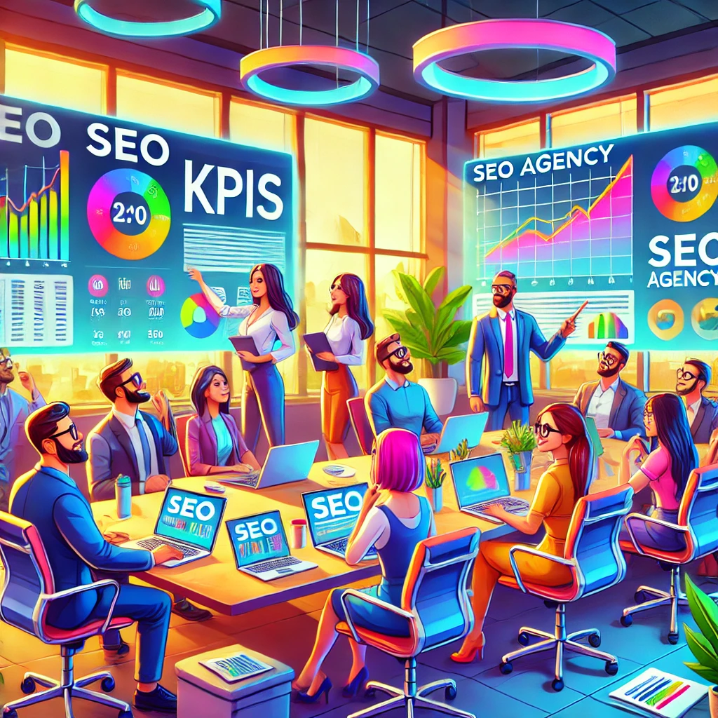 DALL·E 2024 08 02 17.18.04 A vibrant cartoon style office scene depicting a digital marketing team reviewing SEO agency KPIs. The room is modern and colorful with multiple prof SEO Agency KPIs: Evaluating Success of Your Digital Marketing Strategy