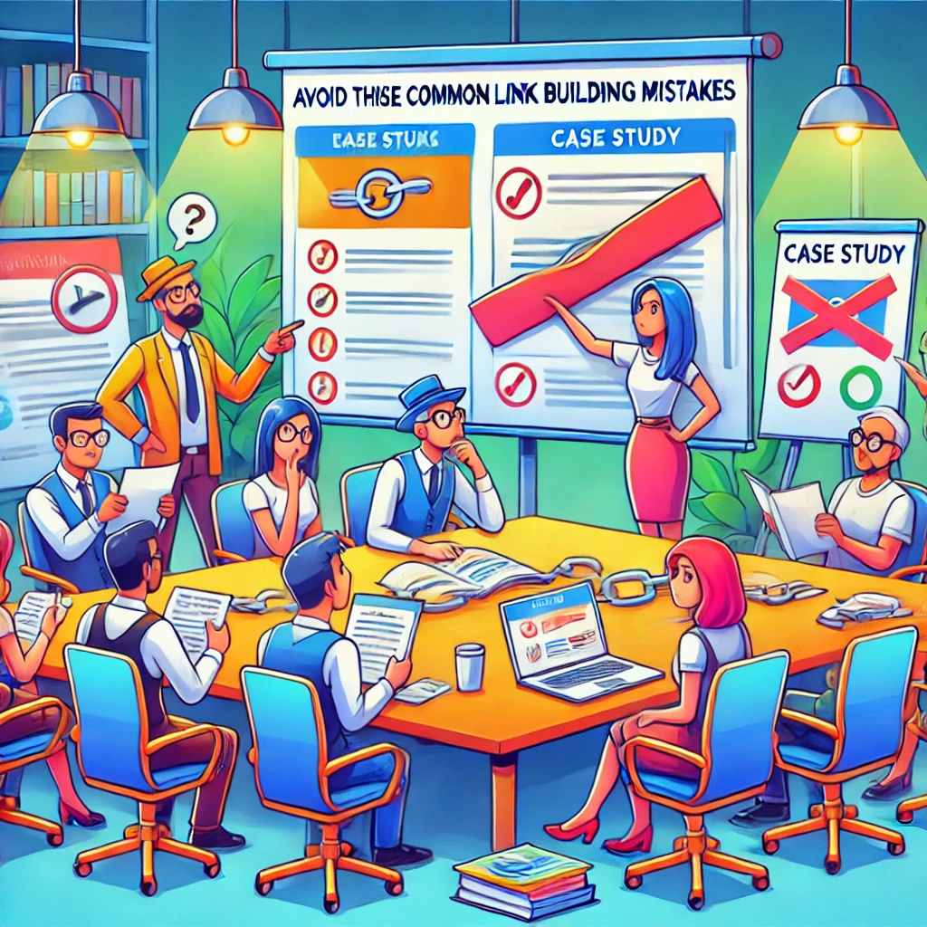 DALL·E 2024 08 02 17.19.33 A colorful cartoon style image depicting a guide titled Avoid These Common Link Building Mistakes. The scene features a group of professionals aroun Avoid These Common Link Building Mistakes: A Guide with Real-World Case Studies