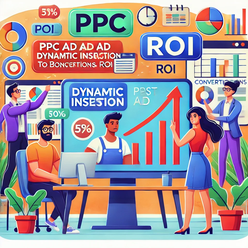 DALL·E 2024 08 03 20.22.56 A colorful cartoon style illustration depicting PPC ad dynamic insertion to boost conversions and ROI in digital marketing. The image features a bustl PPC Ad Dynamic Insertion: Boost Conversions & ROI in Digital Marketing